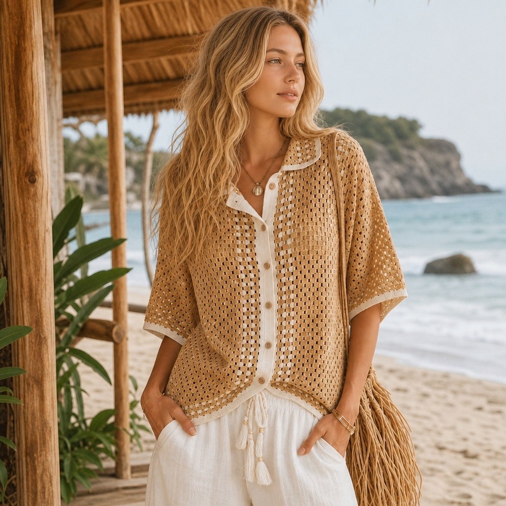 Tan Cream Crochet‎ Knit Button Up Top Cotton Blend Boho Beach Vacation S/M NWT